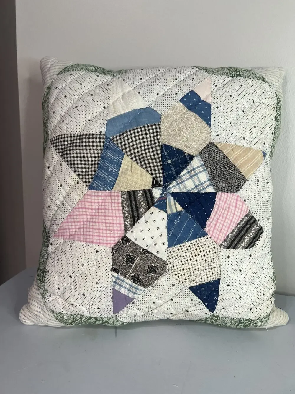 Vintage 1910 Indigo String Star & Denim Quilt Pillow Approx 16